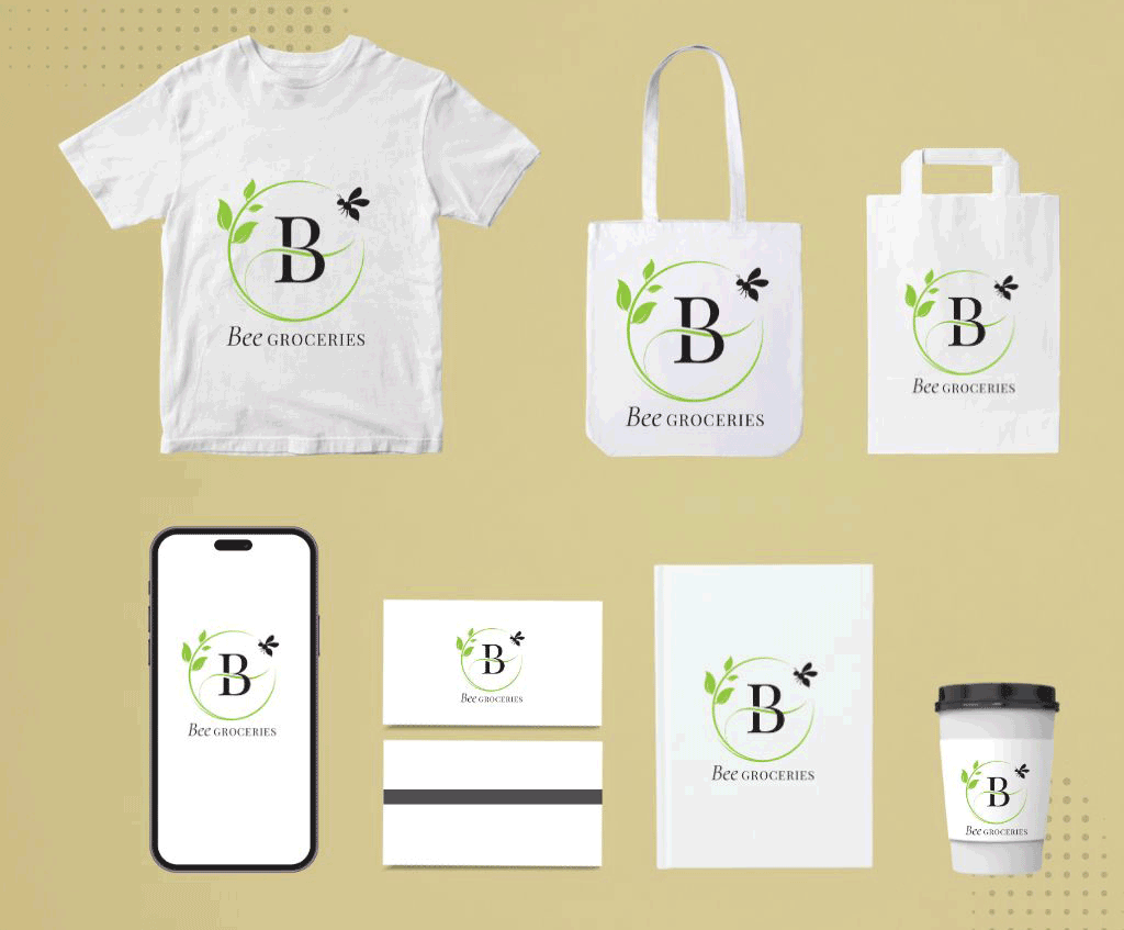 Imagem com mockups de árias peças bublicitárias e brindes da Bee Groceries