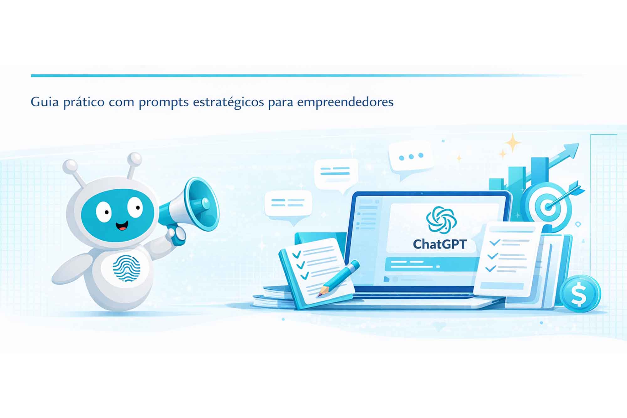 Imagem para capa de blog com robot e um portatil que mostra o Caht GPT a azul cor da marca