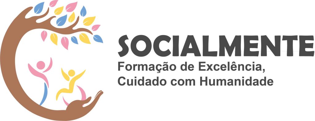 Imagem de Logotipo Socialmente, uma mão que é extensão de árvores com várias cores de folhas (amarelo, azul e rosa) e a palavra socialmente formação de excelencia e cuidado com humanidade