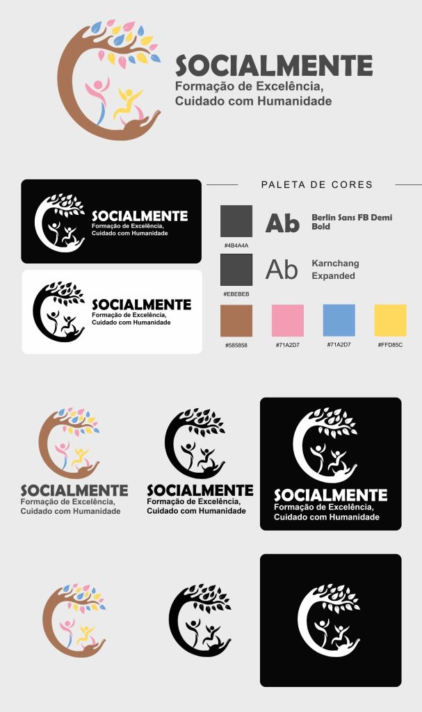 Imagem com o board do logotipo da socialmente com as variações monocromáticas positivas negativas iconograficas