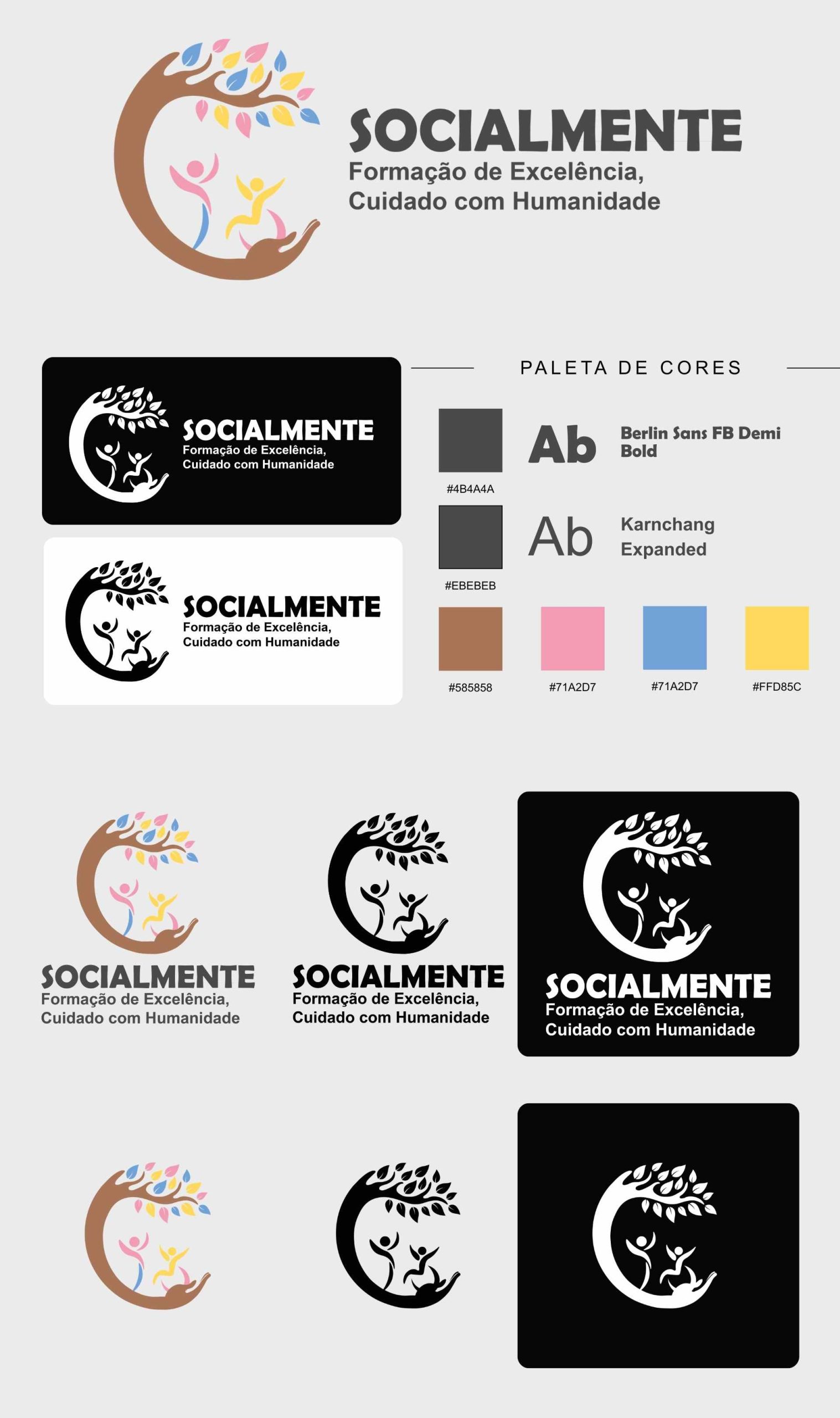 Imagem com o board do logotipo da socialmente com as variações monocromáticas positivas negativas iconograficas