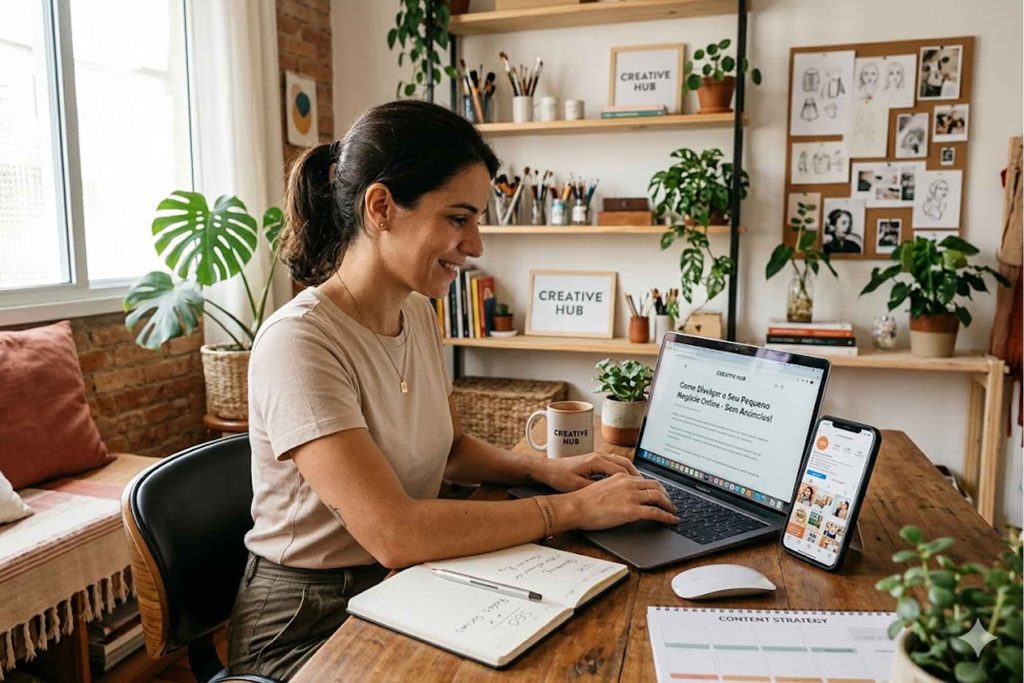 Imagem para capa de blog, mulher empreendedora a criar criativos para sites e com um telemóvel de lado e num portátil a trabalhar