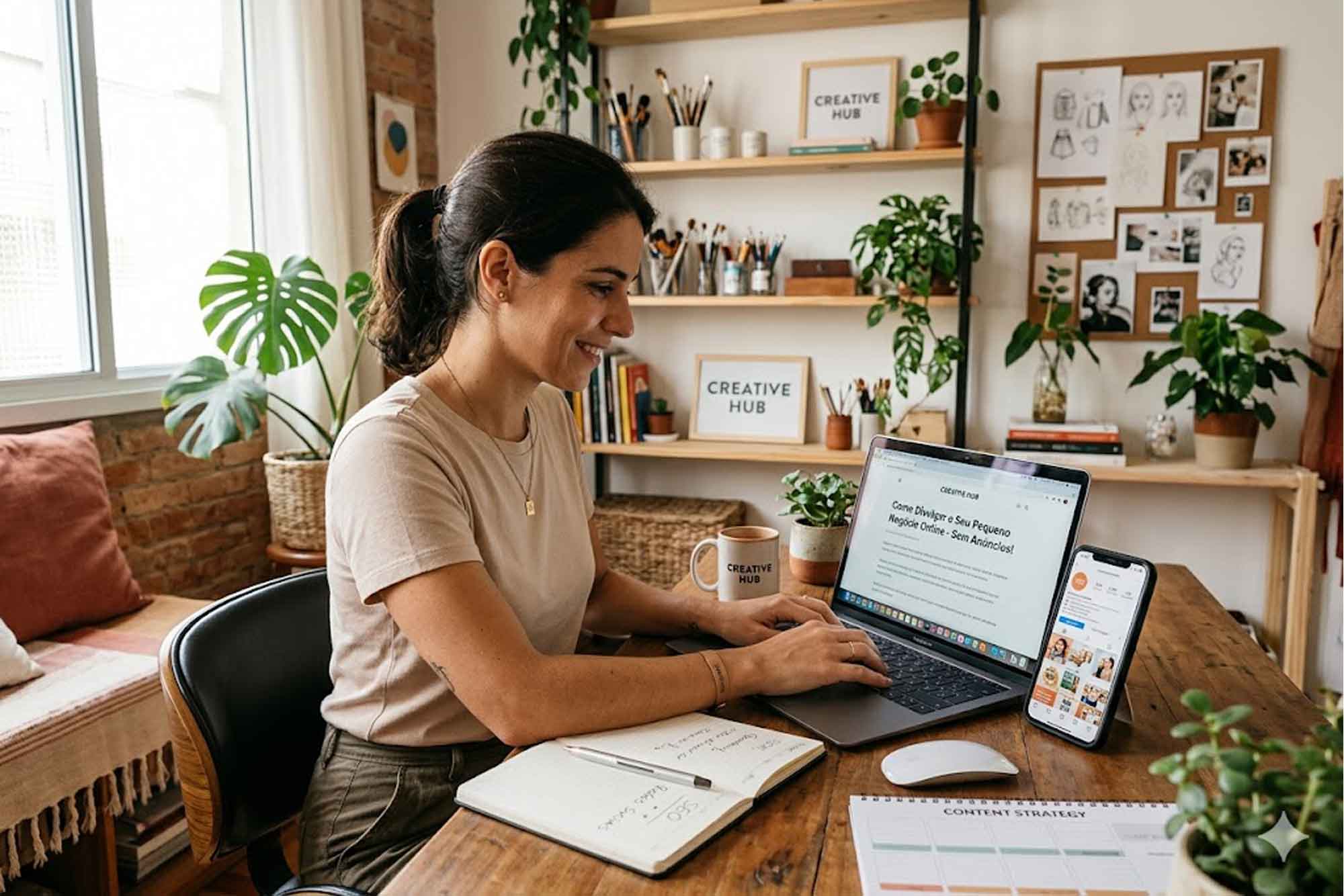 Imagem para capa de blog, mulher empreendedora a criar criativos para sites e com um telemóvel de lado e num portátil a trabalhar